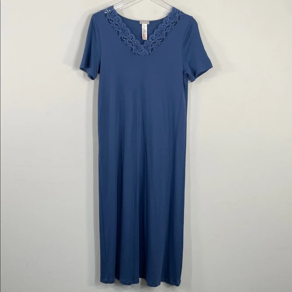 Hanro Moments Blue Mercerized Cotton Lace V-Neck Nightgown Sleep Dress Small